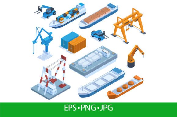 Download Isometric Seaport, Cargo Ships, Barges - Cargo Collection